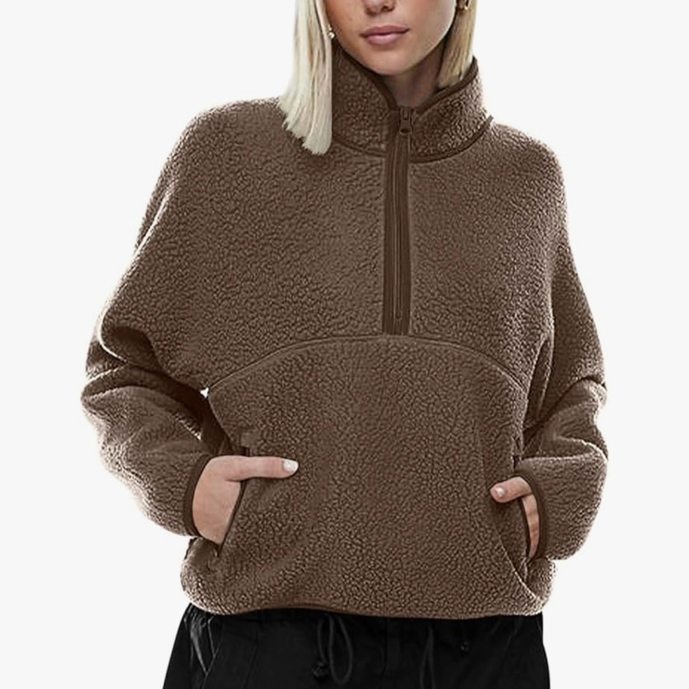 Half Zip Pullover Cropped Sweatshirts Sherpa Fleece Jacket Fuzzy Sweaters